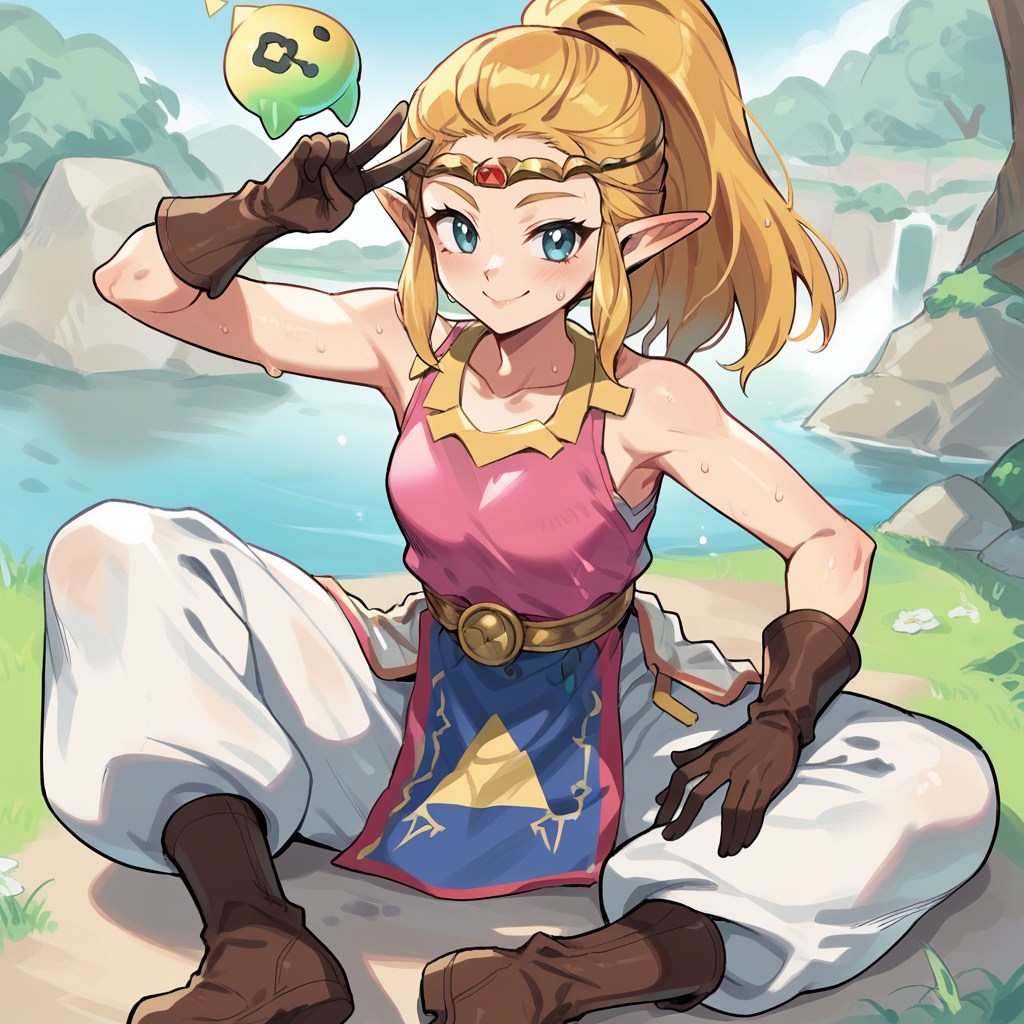 score_9, score_8_up, score_7_up, score_6_up, score_5_up, score_4_up, zPDXL2,source_anime,rating_questionable, 1girl, solo, outdoors,  smile,  <lora:Princess_Zelda_-_Echoes_of_Wisdom_r1:1>Zelda_EoW, princess zelda, blue eyes, pointy ears, high ponytail, blonde hair, sleeveless, brown gloves,  white pants, circlet, collarbone, triforce, brown boots, tabard,  bare shoulders, pink shirt, belt,  peace sign, sweat, scuff marks, >.<