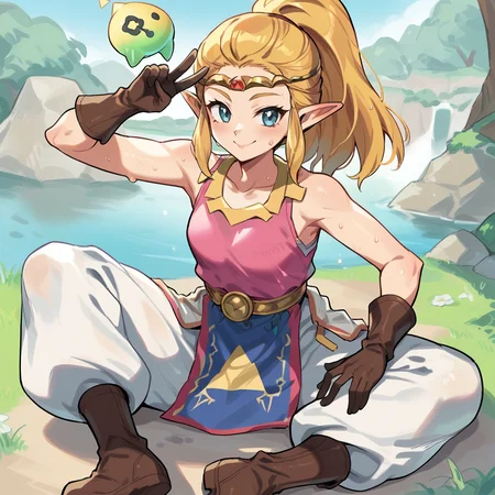 score_9, score_8_up, score_7_up, score_6_up, score_5_up, score_4_up, zPDXL2,source_anime,rating_questionable, 1girl, solo, outdoors, smile, <lora:Princess_Zelda_-_Echoes_of_Wisdom_r1:1>Zelda_EoW, princess zelda, blue eyes, pointy ears, high ponytail, blonde hair, sleeveless, brown gloves, white pants, circlet, collarbone, triforce, brown boots, tabard, bare shoulders, pink shirt, belt, peace sign, sweat, scuff marks, >.<