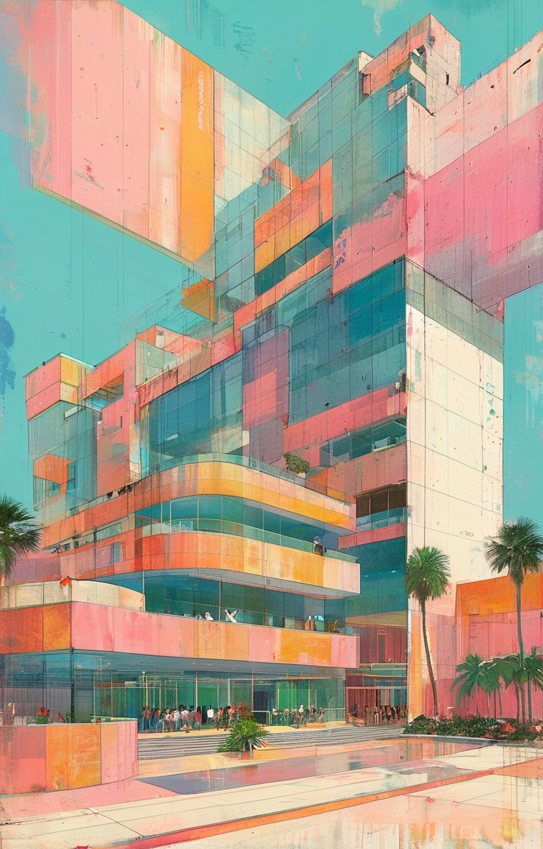 masterpiece,best quality,<lora:tbh311-sdxl:0.9>,illustration,designed by Rem Koolhaas Art Deco hotel facade in Miami Beach, featuring pastel colors and streamlined forms