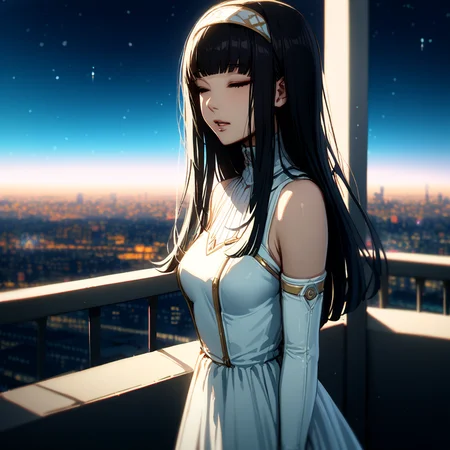 masterpiece, best quality, very aesthetic, yuriko, long hair, black hair, blunt bangs, gloves, black eyes, white gloves, lips, dress, hairband, elbow gloves, bare shoulders, standing on a balcony, night sky filled with stars, overlooking vibrant cities, feeling the gentle wind, closed eyes, serene expression, 1 girl with open shoulders, digital art, beautifully lit, cinematic atmosphere, soft color palette, high detail, 8k resolution