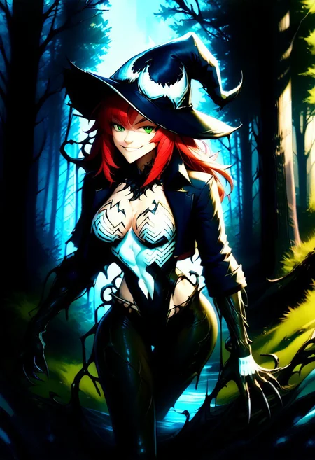 core_9, score_8_up, score_7_up,Stunning 25yo Woman, solo, 1 girl, model bombshell, beautiful, sensual, witch, warlock, Witches hat, wizard hat, white buttoned shirt, black tight pants, heavy blue coat, blue coat, silver necklace, dynamic sexy pose, round butt, long legs, volumetric lighting, long sleeves, vibrant red hair, angular face, sharp green eyes, rolled up sleeves, gloves, exposed forearms, forest background, fantasy forest, cropped jacket, leotard, center cutout black goo, she venom, liquid clothes, symbiote, symbiote teeth, venom_assimilation, gwenom, s1m13073, symbiote hat, claws, subtle muscle, showing skin, hip vents, exposed stomach, river, forest, night, claws, teeth, symbiote tentacles, symbiote webs, symbiote hanging from trees, smug expression, sly smile, InkBlast