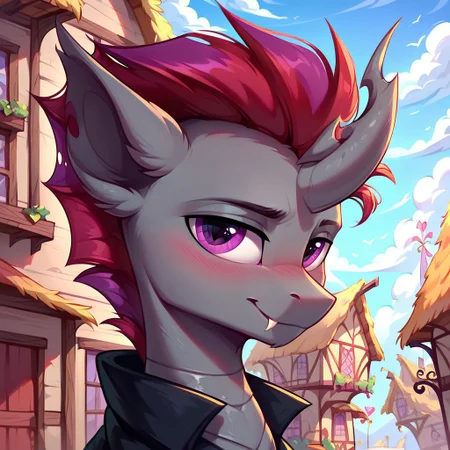 masterpiece, score_9, score_8_up, score_7_up, (best quality:1.1), ultra-detailed, high resolution, solo, Нептун Хербст, male, changeling, mlp, feral, ragged ears, (((beautiful detailed purple eyes))), single horn, gray skin, purple membrane mane, black coat, black neck warmer, detailed clothing, fang, highly detailed macro illustration, smiling, blushing, mlp, outside, Highly Visible, (((8k))), sharp focus, perfect lighting, anatomically correct, extremely detailed, shine on body, (Pony town), high detail, cute face, Expressiveh, detailed background, OverallDetail, zPDXL2,