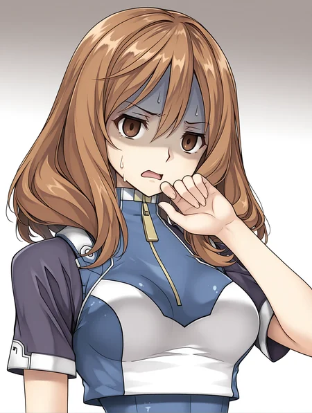 masterpiece,best quality,newest,
1girl,solo,
<lora:rail_clave_ilxl_v1.2:1>,rail_clave,brown hair,brown eyes,r_suit,short sleeves,leotard,zipper,<lora:Fixhands_anime_bdsqlsz_V1:1>,donbiki,sweatdrop,looking at viewer,shaded face,turn pale,jitome,disgust,gloom (expression),d:,frown,empty eyes,no pupils,white_background,simple_background,standing,open mouth,profile,upper_body,face_focus,hand to own mouth,