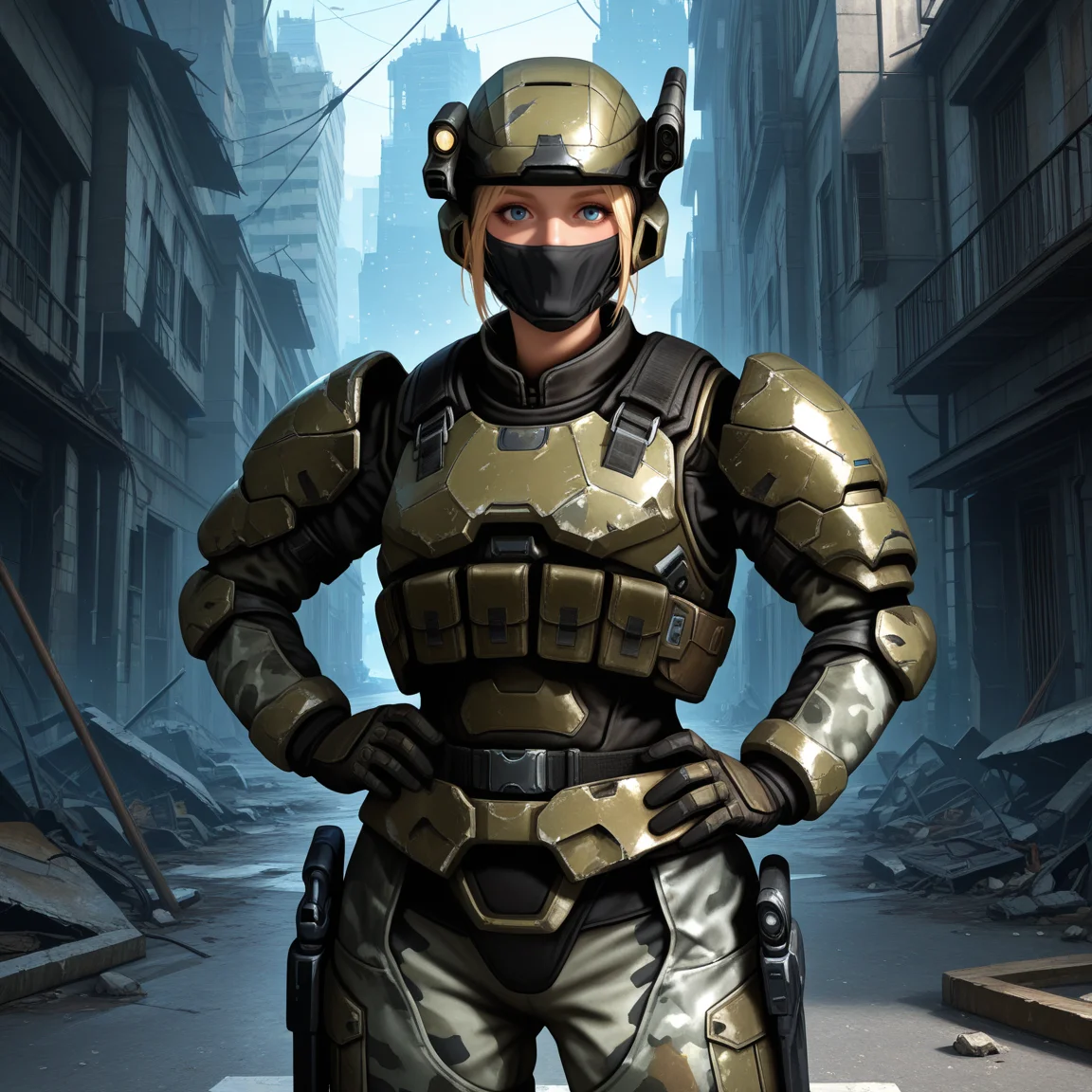 Masterpiece, high-res, 2k, best quality, 2.5d, realistic, 1 girl ,  fem marine, helmet, headlight , armor, blonde hair, blue eyes , realistic, military, gray camouflage, black balaclava,  face cover , scifi , medium shot, in a destroyed city<lora:fem_marine_illus-000049:1>  Elegant Hand on Hip: Stand with one hand placed confidently on your hip creating a pose that exudes both power and femininity.