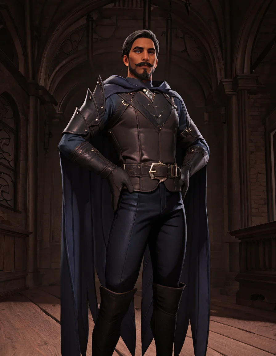 cinematic_depth, 8k, soft_lighting, warm_glow, ultra_high_quality, masterpiece, best quality, newest, perfect quality, best quality, detailed background, intricate details, male focus, solo, realistic, <lora:Dragon Age Veilguard - Viago de Riva - Illustrious-000004:0.7>, dav_viago, 1boy, mature male, black hair, short hair, dark skin, beard, mustache, blue eyes, leather armor, hooded cloak, single pauldron, leather belt, leather gloves, leather pants, leather boots, indoors, looking at viewer, hands on hips