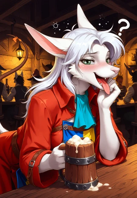 masterpiece, best quality, absurdres, zodikki1, kurumada eyes, kurumada hair, freyac, white fur, white hair, green eyes, brown tail, ascot, holding tankard, red dragoon coat, dragoon tabard, happy, laughing, tongue out, looking at viewer, solo, 1girl, ?, drunk, eyes half closed, ears back, hunched forward, leaning forward, upper body focus, ears,
BREAK, tavern background, tavern, bar, pub, leaning on table, detailed background, dark background, crowd,