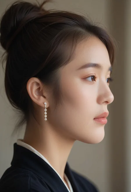 score_9, score_8_up, score_7_up, ladyburns, sideburns, 1girl, solo, jewelry, earrings, blurry, brown hair, asian, profile