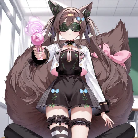 highres, masterpiece, best quality, very aesthetic, absurdres, (1girl),1boy, chigusa hana, virtual youtuber, long hair, brown hair, twintails, animal ears, , hair ornament, cropped jacket, long sleeves, white jacket, collar, flower, black dress, pleated skirt, large tail, bridal garter, striped, single thighhigh, asymmetrical legwear, tail bow empty eyes,  expressionless, school, classroom,  looking at viewer, (memetic_control), pov_sub, (hypnotized_hypnotist),, (hypnotized_dom), (enemy_conversion), resisting, (visor), (covered eyes), hypnotic_screen, tech_control, femdom, stepped_on,male sub, ray gun, aiming_at_viewer, (hypnotic_beam), (hypnotic_accessory)(kronobas28,),
