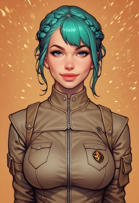((((front view))))
beautiful color, aesthetic, 2d,
(zeon pilot:1.3), ((khaki suit)),
solo, standing, (battleground, explosions:1.5)
1girl, cute face, modest smile
((turquoise hair, folded in french braid, side bang hairstyles)),
big natural breasts,
focused, looking at viewer,
(((full-clothed))), dynamic pose
BREAK
score_9, score_8_up, score_7_up, score_6_up, source_cartoon, rating_explicit, Expressiveh, (((((upper body))))), dynamic pose
