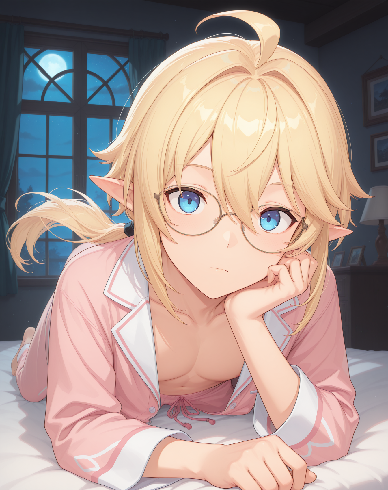 masterpiece,best quality,amazing quality, newest, very aesthetic, absurdres,
1boy, solo, yaoi, male focus, looking at viewer, full body, face focus, lying, on bed,
 <lora:Grandiel_Likability_ilxl:1> likabilitygrandiel, pointy ears, blonde hair, blue eyes, long hair, glasses, hair between eyes, ahoge, low ponytail, floating hair, elf, sidelocks,
pajamas, open clothes,
indoors, night, dark room, bedroom,
