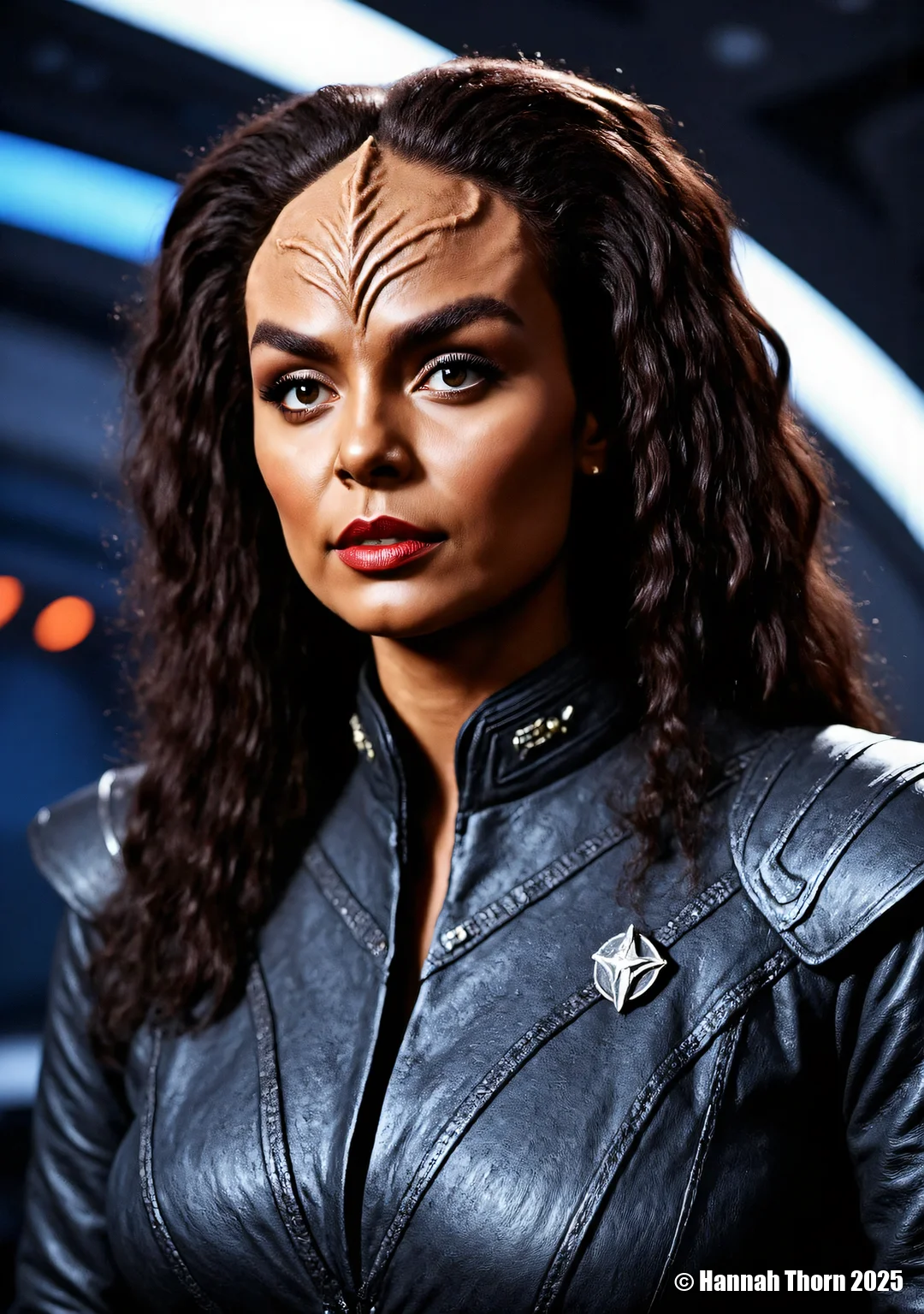 A close-up of a klingon woman with long, curly hair, wearing a black leather jacket with a silver star emblem on the chest. She has a serious expression and is looking directly at the viewer. The background is blurred, but it appears to be a futuristic setting with a blue and dark color scheme. The lighting is dramatic, highlighting his facial features and the texture of his leather jacket.<lora:_Flux\Klingon_Female.safetensors:1.0:1.0>