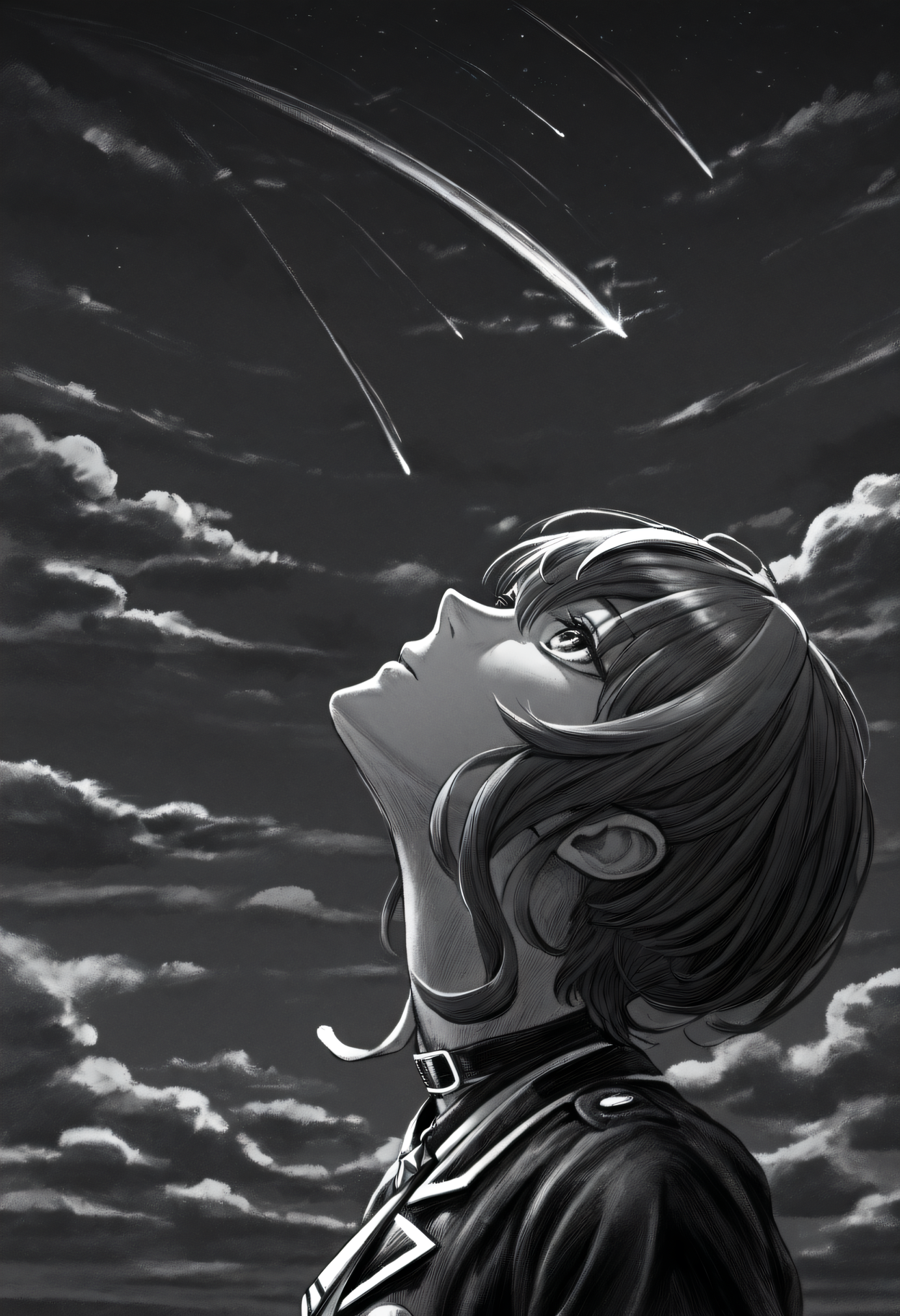 <lora:SketchArt_Epoch_10:1>, greyscale, monochrome, sk3tch, solo, 1girl, looking up, night, dark, comet, cloudy, hoshimachi_suisei_(1st_costume), very awa, masterpiece, best quality, highres, absurdres