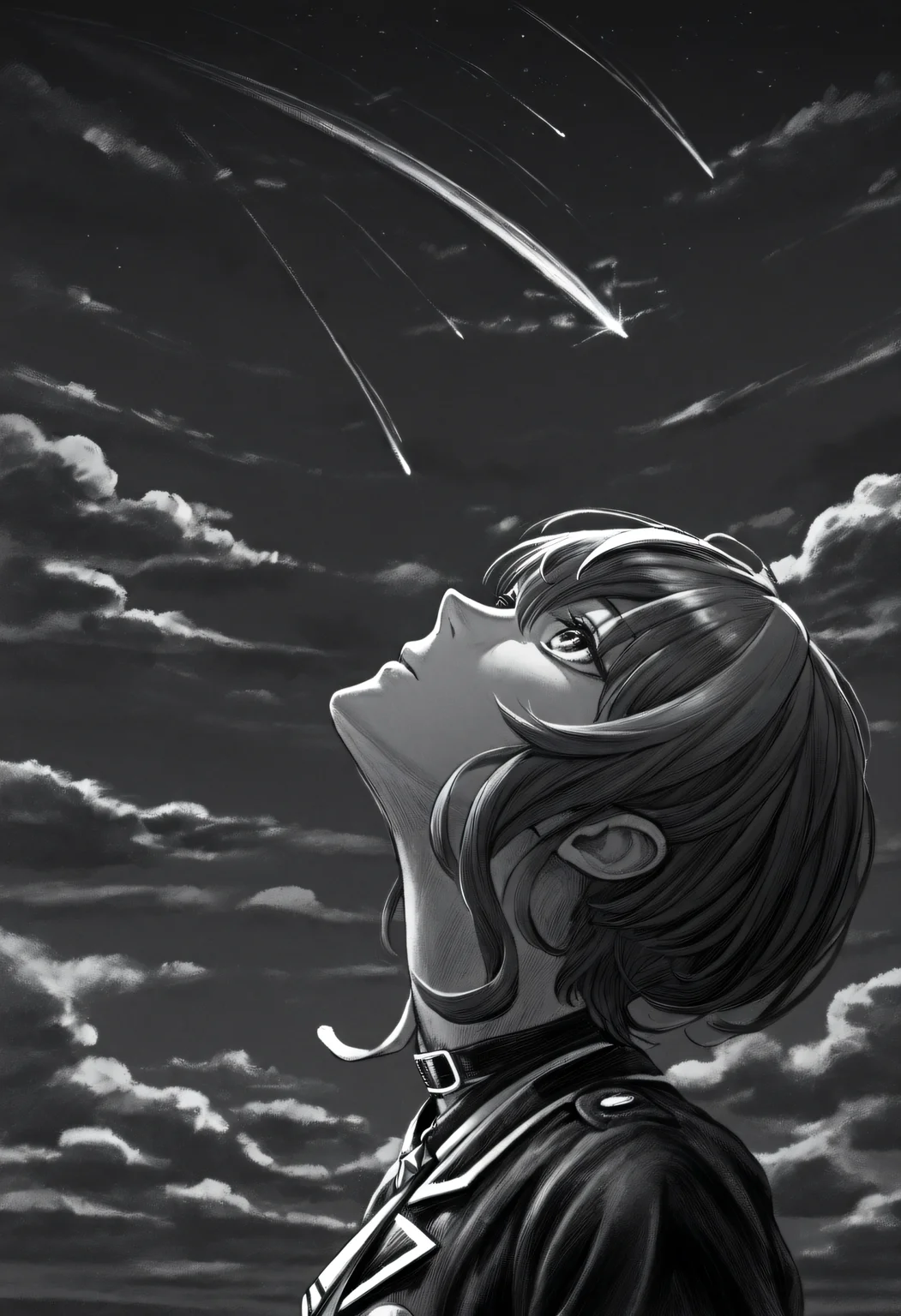 <lora:SketchArt_Epoch_10:1>, greyscale, monochrome, sk3tch, solo, 1girl, looking up, night, dark, comet, cloudy, hoshimachi_suisei_(1st_costume), very awa, masterpiece, best quality, highres, absurdres