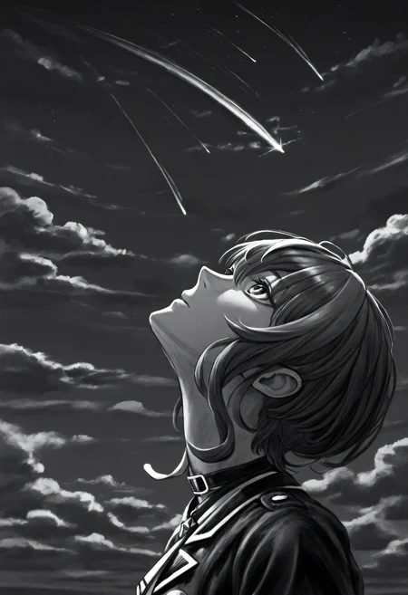 <lora:SketchArt_Epoch_10:1>, greyscale, monochrome, sk3tch, solo, 1girl, looking up, night, dark, comet, cloudy, hoshimachi_suisei_(1st_costume), very awa, masterpiece, best quality, highres, absurdres