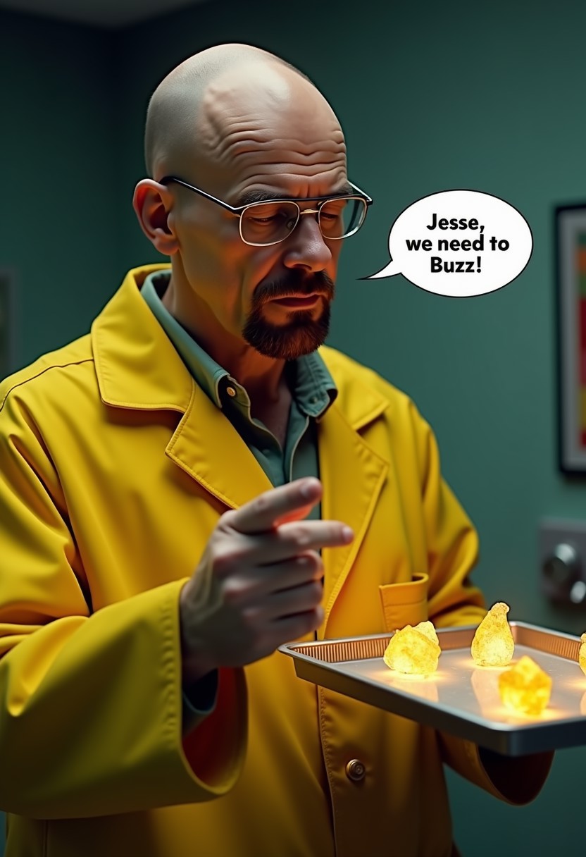 breaking bad Wather white looking to the left while pointing at a tray with a few small golden glowing crystals, a speech bubble coming out of his mouth saying "Jesse, we need to Buzz! ", accurate tv show depiction, breaking bad, 100% accurate, wearing the yellow lab coat, chromatic aberration, film grain