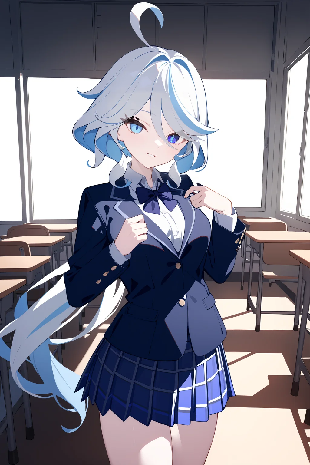 masterpiece, best quality, perfect features, intricate details, ray tracing, newest,(hitenkei, askzy:0.4), 1girl, furina \(genshin impact\), heterochromia, school uniform, blazer, collared shirt, bowtie, checkered skirt, evil smile, classroom, indoors, cowboy shot, depth of field <lora:Char-Genshin-Furina-XL-V1:0.9>
