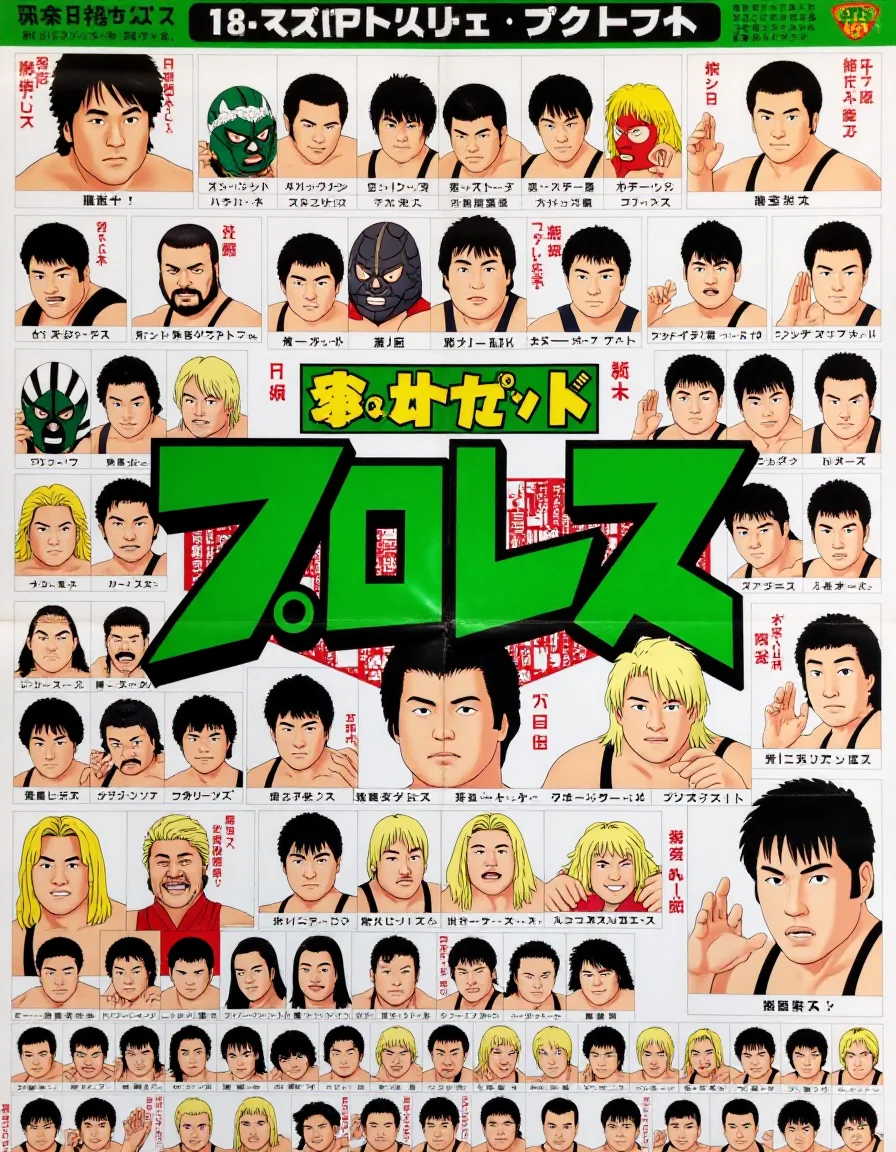 an illustrated Japanese wrestling poster from the 1990s with big green Japanese characters at the center representing "PURORESU" and absolutely no other writing, surrounded by a 4x4 grid of w