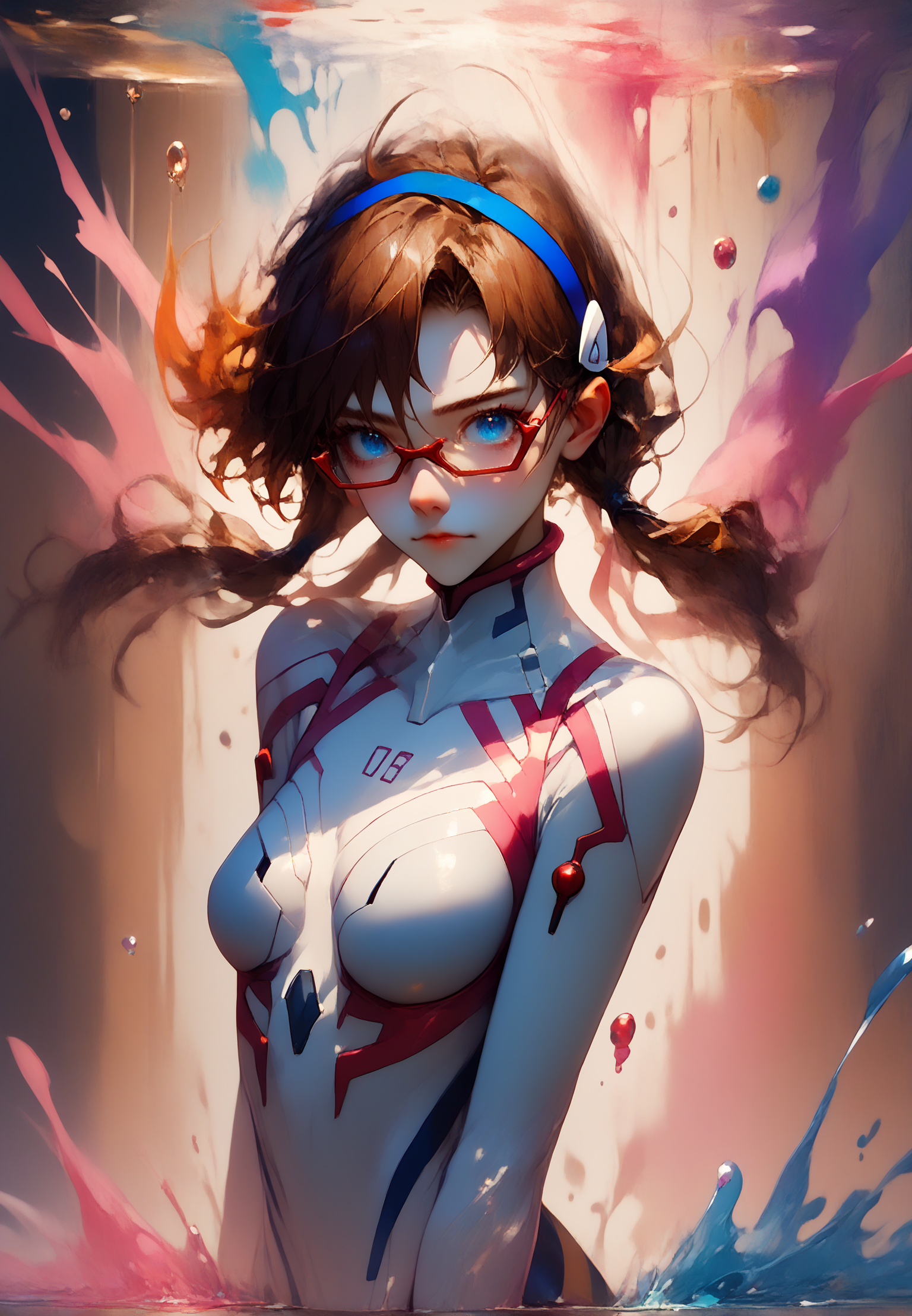 score_9, score_8_up, score_7_up,  <lora:Degen_Mari_White_v1:.9>  s curve composition, performance
 mari-white, white plugsuit, numbered, hairband, semi-rimless eyewear, low twintails, brown hair,  <lora:abstractDreamwave_v10:0.7>   <lora:falling_pony:.89> best_falling Merge contrasting and vibrant colors in a collision of chaotic energy, with intersecting brushstrokes, splashes, and swirls that create a visually captivating clash of hues, blue eyes, full body,