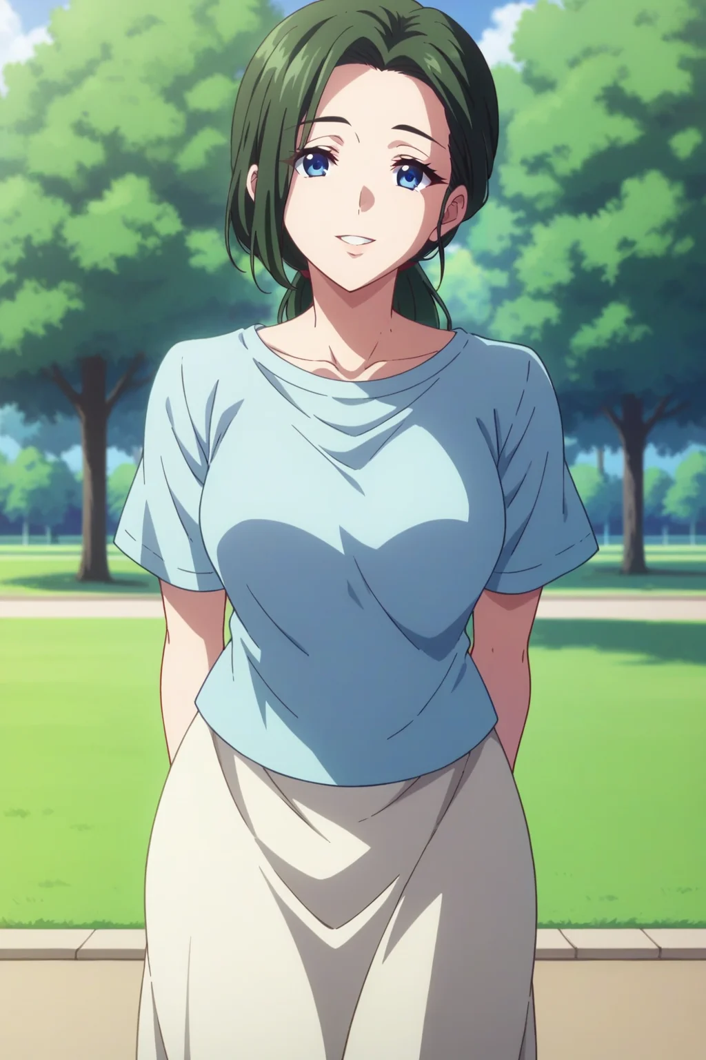 score_9, score_8_up, score_7_up, source_anime, 1girl, prefect lighting, very aesthetic, intricate details, highly detailed background, masterpiece, high quality, prefect hands, best quality, solo,
<lora:Haruhikos_Mother_Musaigen_no_Phantom_World_V1:.85>, dark-green hair, blue eyes, mature female, forehead, low ponytail,
white undershirt, pick shirt open jacket, short sleeves, long white skirt,
standing, head tilt, smile, parted lips, arms behind back, leaning forward,
park, sunny, shade, trees, grass,
(Beautiful, medium Breasts:1.2), natural breasts,