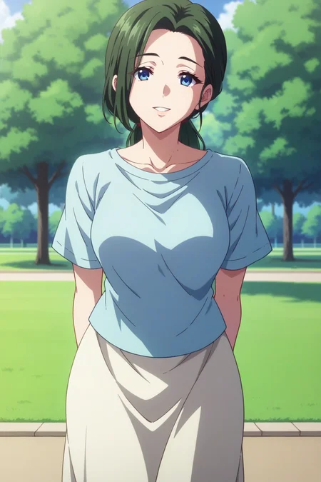 score_9, score_8_up, score_7_up, source_anime, 1girl, prefect lighting, very aesthetic, intricate details, highly detailed background, masterpiece, high quality, prefect hands, best quality, solo,
<lora:Haruhikos_Mother_Musaigen_no_Phantom_World_V1:.85>, dark-green hair, blue eyes, mature female, forehead, low ponytail,
white undershirt, pick shirt open jacket, short sleeves, long white skirt,
standing, head tilt, smile, parted lips, arms behind back, leaning forward,
park, sunny, shade, trees, grass,
(Beautiful, medium Breasts:1.2), natural breasts,