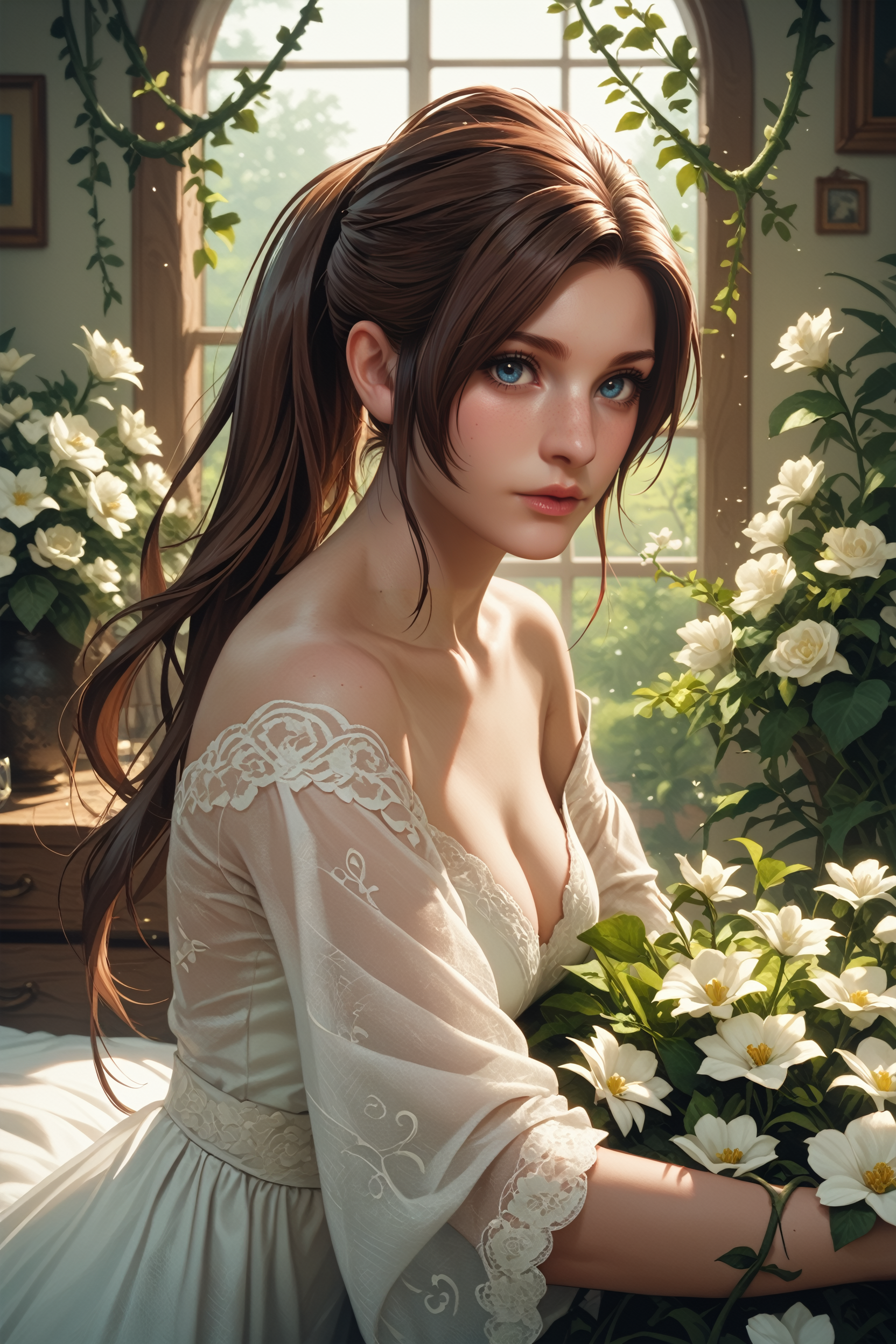score_9, score_8_up, score_7_up,
<lora:RERClaire:0.8>
RERClaire, 1girl, blue eyes, long hair, brown hair, ponytail, looking at viewer, indoors, overgrowned, bedroom, flowers, white flowers, vines