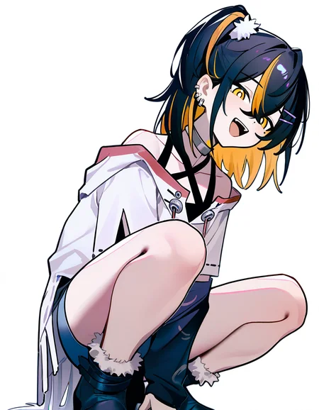 nagata_gata,simple background,white background,squatting,looking at viewer,full body,:d,open mouth,
<lora:naina_noob>,naina,1girl,solo,black hair,multicolored hair,hairclip,hair ornament,yellow eyes,blonde hair,mole under eye,mole,ear piercing,collarbone,medium hair,hair between eyes,piercing,bangs,orange hair,streaked hair,two-tone hair,jewelry,jacket,criss-cross halter,white hoodie,short sleeves,bare shoulders,halterneck,shirt,short shorts,elbow gloves,fur trim,
masterpiece,best quality,very aesthetic,absurdres,