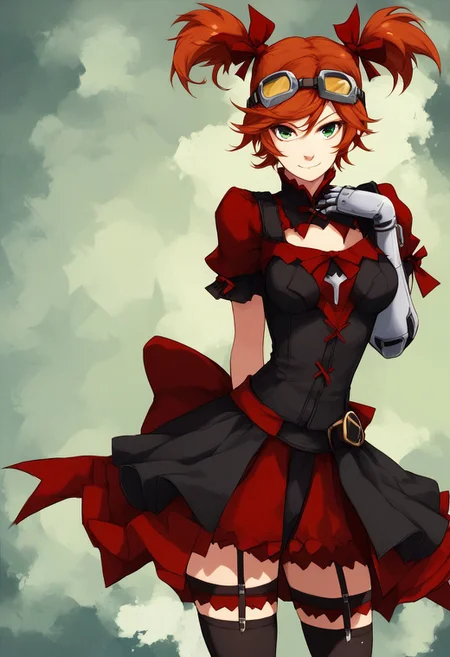 score_9, score_8_up, score_7_up, solo, gaigebl2, orange hair, goggles on head, twintails, short twintails, single mechanical arm, freckles, medium breasts, green eyes,
abstract background,
<lora:gaigebl2-guy-v1PONYXL:1>, cowboy shot, full body shot, pose, Smirk,
, sexy pose, countryside background,
hair ribbon, black dress, black thighhighs, garter straps, bow,