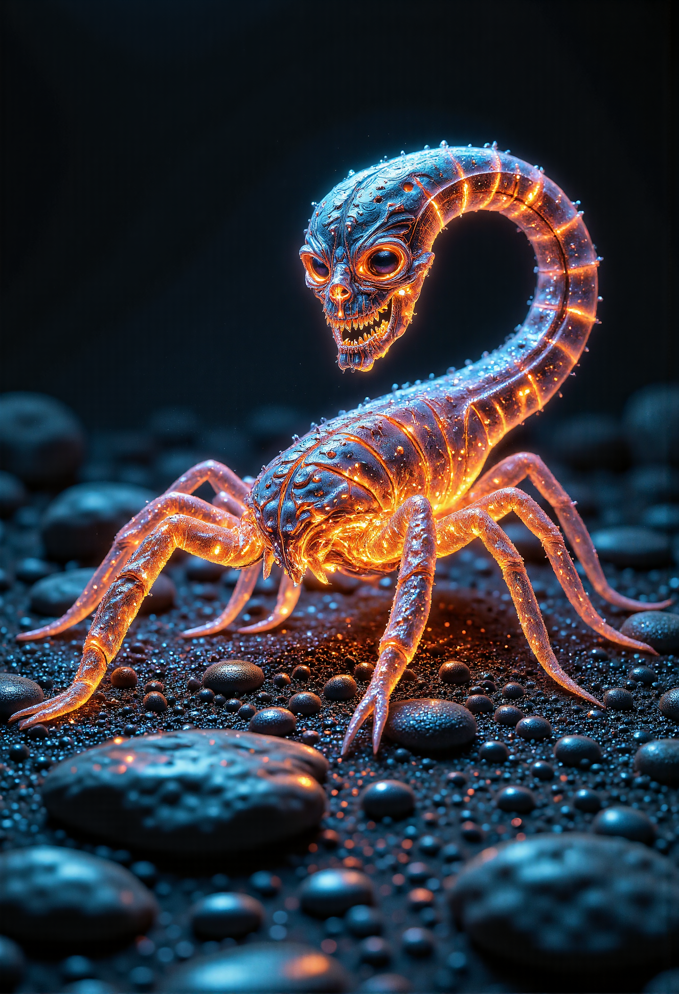( scorpion like:1.4) alien creature with (translucent skin:2), making its internal organs visible. sits on a stone. orange glowing veins, with a menacing and eerie presence, hyperdetailed photography, masterpiece, best quality, high quality, highres, ultra-detailed, best quality, 8K, high resolution, extreme detail, outstanding composition:1.4, professional photo 85mm lens for elegant body lines and fine skin detail with sharp subject,  <lora:- Flux1 De-Distilled - temp_haunting_cre_1.0.safetensors:0.25>, <lora:aidmaGLOW-FLUX-V0.1.safetensors:1.0>,   <lora:The Weirdies [Flux]_R.safetensors:1.0>,