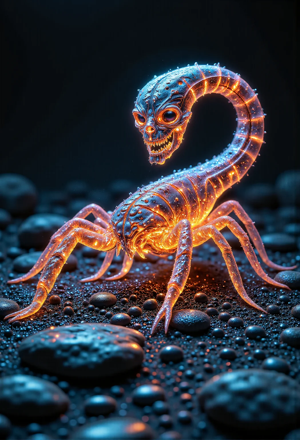 ( scorpion like:1.4) alien creature with (translucent skin:2), making its internal organs visible. sits on a stone. orange glowing veins, with a menacing and eerie presence, hyperdetailed photography, masterpiece, best quality, high quality, highres, ultra-detailed, best quality, 8K, high resolution, extreme detail, outstanding composition:1.4, professional photo 85mm lens for elegant body lines and fine skin detail with sharp subject,  <lora:- Flux1 De-Distilled - temp_haunting_cre_1.0.safetensors:0.25>, <lora:aidmaGLOW-FLUX-V0.1.safetensors:1.0>,   <lora:The Weirdies [Flux]_R.safetensors:1.0>,