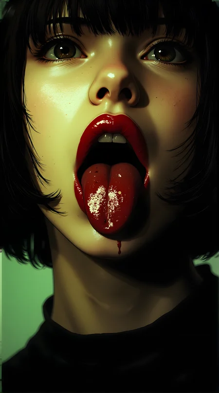 The image is a close-up, highly stylized portrait of a person with an intense and dramatic expression. The individual has dark hair styled in a blunt bob, framing their face. Their eyes are wide open, conveying a sense of shock or surprise, and the lighting accentuates the contours of their face, creating deep shadows and highlights. The mouth is open wide, revealing a bright red tongue that appears to be coated with a glossy substance, adding to the surreal and somewhat unsettling effect. The background is dark, which further emphasizes the subject's features and the vivid colors of their lips and tongue. The overall tone of the image is intense and evocative, with a strong artistic and possibly horror-inspired aesthetic.
j_art, anime, anime art, <lora:FLUX\jul\J_Anime:1.0>, <lora:FLUX\Anime Art V3:0.1>, <lora:FLUX\RM_Artistify_v1.0M:0.1>, <lora:FLUX\RetroAnimeS1.1:0.1>