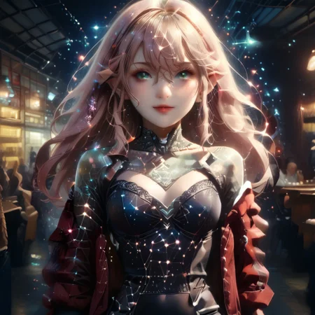 starry_morph, score_9, score_8_up, score_7_up , 1girl, solo, long hair, pink hair ribbon, cowboy shot, nightclub, neon lights, bokeh, depth of field, blush, happy, makeup, open leather jacket, red leather high waist pants, signora, Robina, long hair, hair between eyes, green eyes, pointy ears, elf, blonde hair, ahoge, Cyberpunk, hands hidden, hands on the back.