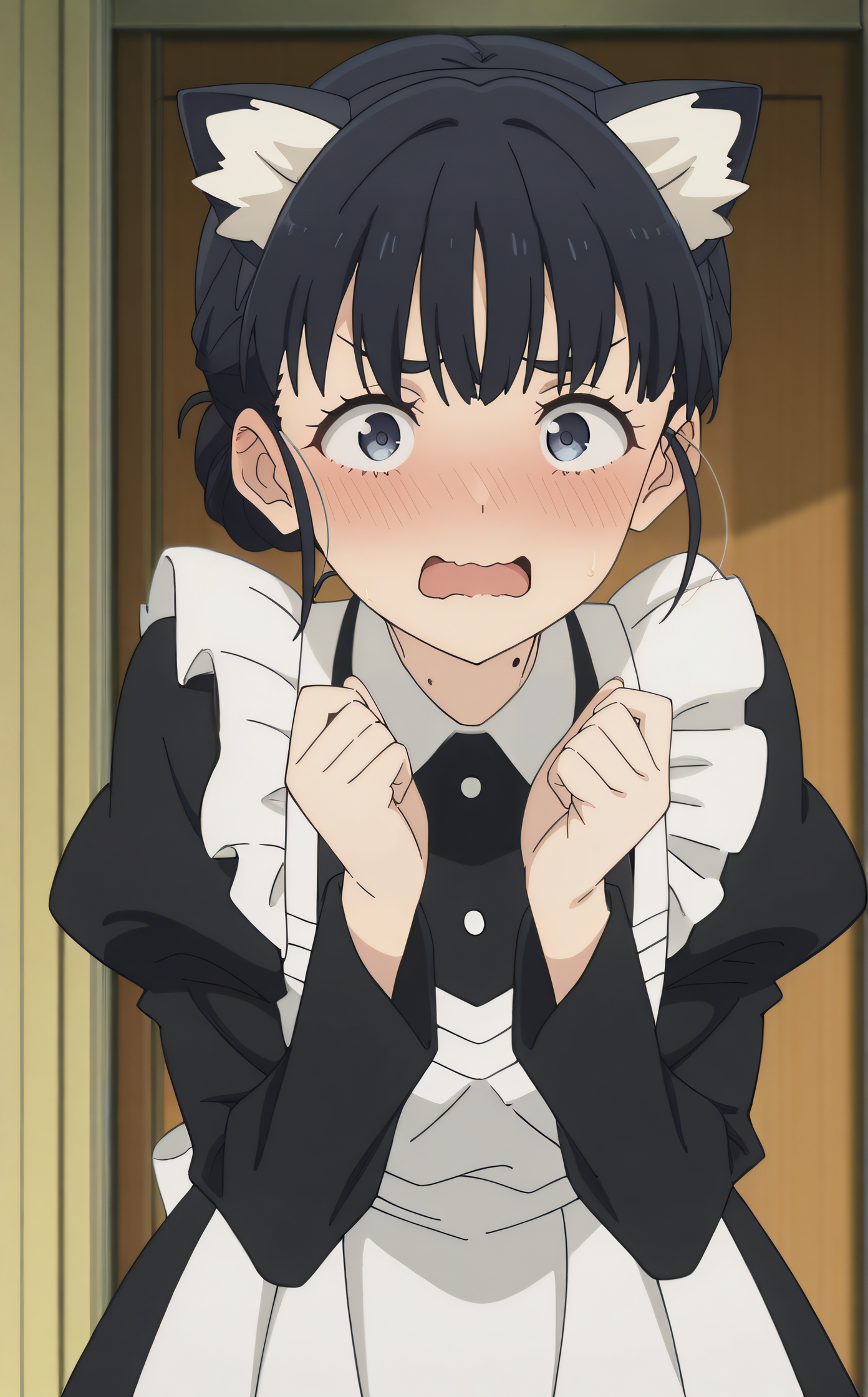 masterpiece, best quality, highres, newest, 1girl, solo, official style, anime screencap, <lora:Basori_Tiara:1>, basori, mole on neck, black cat ears, maid dress, juliet sleeves, white apron, standing, hands up, blush, open mouth, wavy mouth, looking at viewer, embarrased