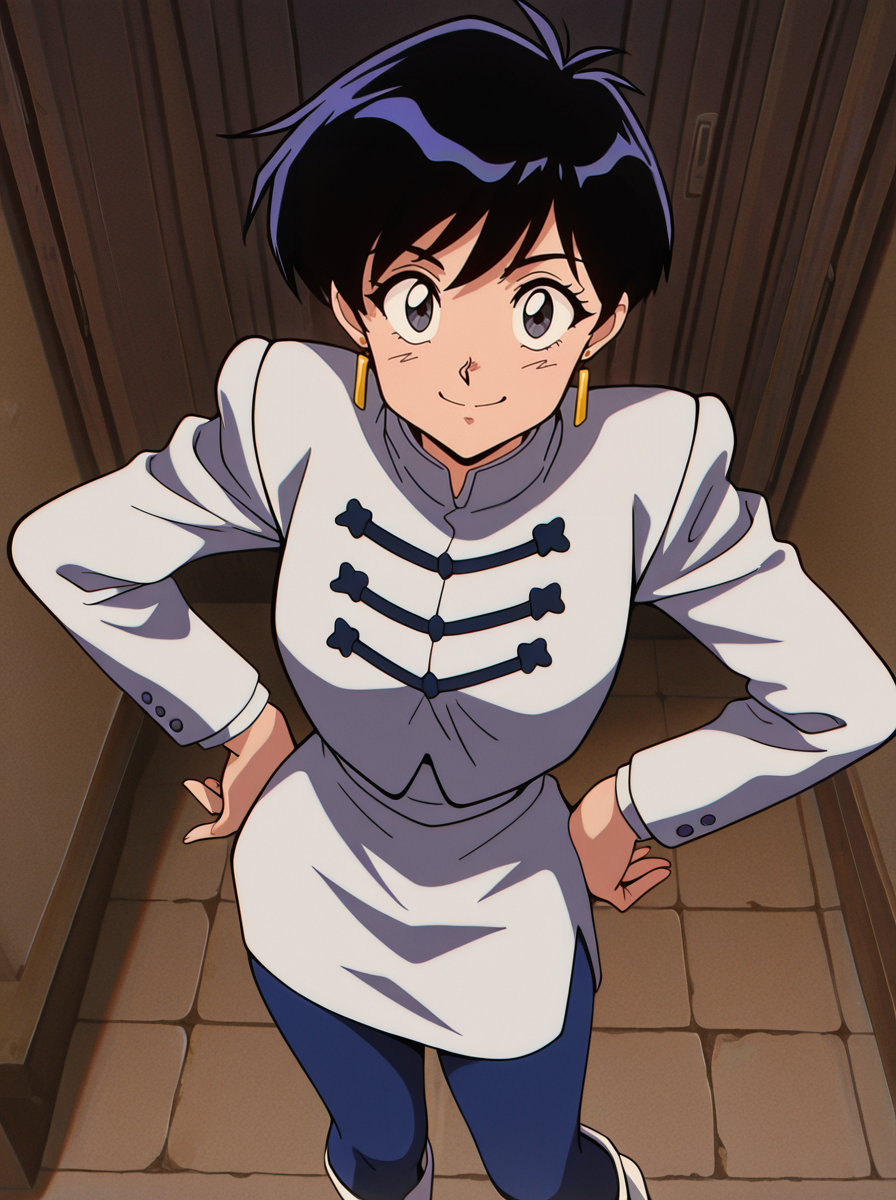 masterpiece, best quality, amazing quality, very aesthetic, absurdres, newest, looking at viewer anime screenshot,  anime coloring, <lora:MerylStryfe:1>merylstryfe, 1girl, solo, black hair, jewelry, earrings, short hair, female focus, retro artstyle, long sleeves, black eyes blue pantyhose,  white_boots smile, hands on own hips,