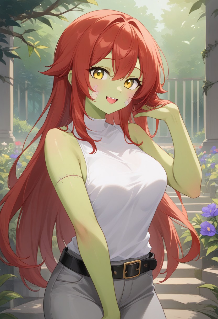 Masterpiece, High quality, OC, Female Adult woman, 1girl, solo, Zombie woman, green skin, cute face, Yellow eyes, Long light red hair, white, white sleeveless top, one sleeve on right side, small black flower patterns on shirt, gray pants with small rips, gray bandage on left hand, stitches on face, black belt, standing, happy expression, Cherry Garden background. zombie, colored skin, stitches, green skin,