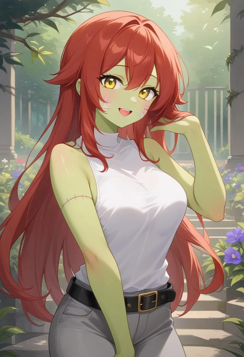 Masterpiece, High quality, OC, Female Adult woman, 1girl, solo, Zombie woman, green skin, cute face, Yellow eyes, Long light red hair, white, white sleeveless top, one sleeve on right side, small black flower patterns on shirt, gray pants with small rips, gray bandage on left hand, stitches on face, black belt, standing, happy expression, Cherry Garden background. zombie, colored skin, stitches, green skin,