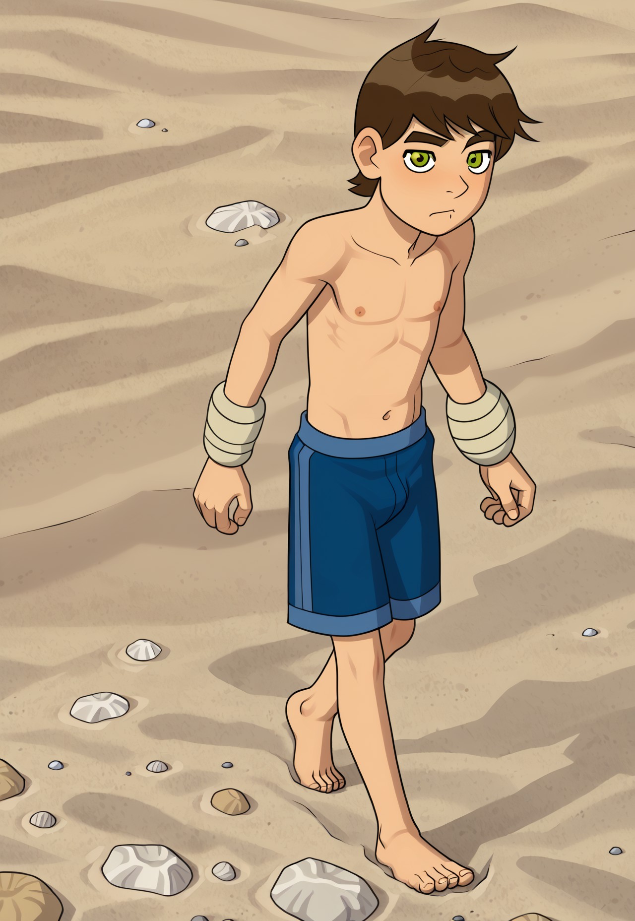 (sulsum style), Ben Inc 10, Wrist Bandage Ball, Blue Inc Swim Shorts, solo, 
deserted beach at sunrise, character walking along the shoreline, leaving footprints in the sand, minimalist composition, calm and peaceful atmosphere, soft light, feeling of solitude