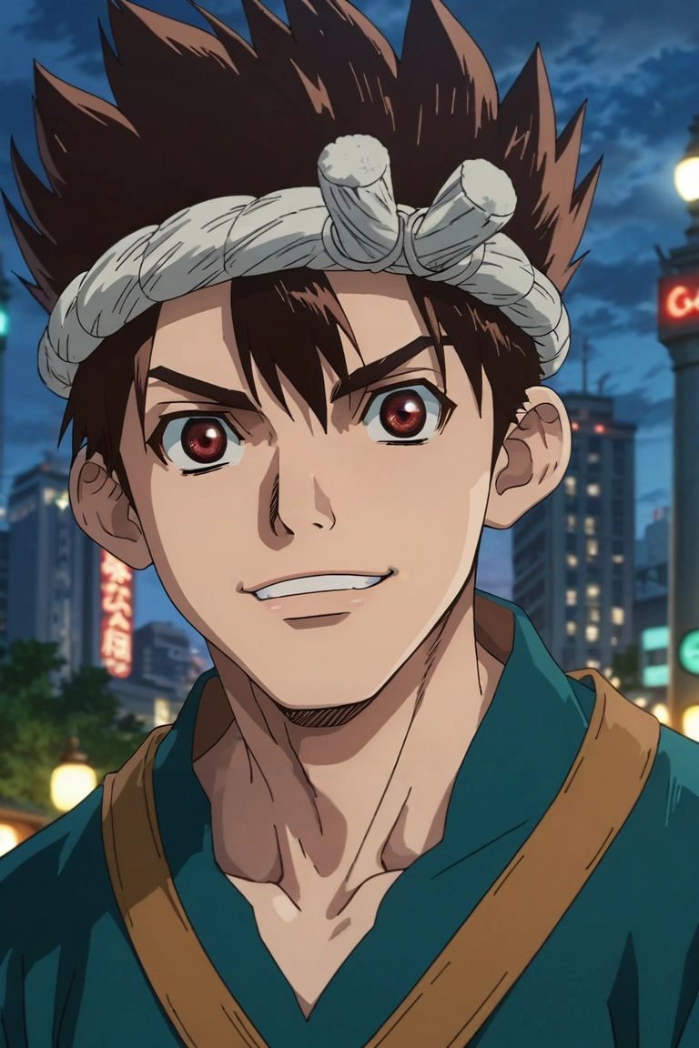score_9, score_8_up, score_7_up, source_anime, rating_safe, intricate details, anime screencap, anime coloring, , looking at viewer, , 1boy, solo, male focus, <lora:chrome_dr_stone_pony:0.98>, chrome_dr_stone, brown hair, brown eyes, short hair, spiked hair, headband, straight-on, city, city lights, day, leaning on object, laughing, french costume, <lora:sdxl_lightning_8step_lora:1>