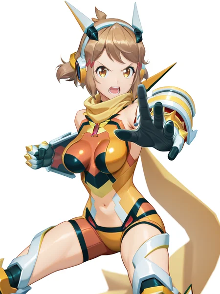 masterpiece, best quality, amazing quality, very aesthetic, absurdres, newest, <lora:Xeno2StyleV2:1>xeno2style <lora:HibkiGearIlus:1>hibikigear, scarf, headgear, navel, headphones, bodysuit, medium breasts, gauntlets, looking at viewer, fighting stance, , fighting stance, white background, simple background, looking at viewer, open mouth,, standing brown hair, brown eyes, hairclip,