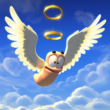 wormsteam17, wormrender, worm, 1worm, no humans, floating rounded black eyebrows, in air, flying, angel, white wings, feathered wings, gold halo above worm's head, sky, masterpiece, best quality