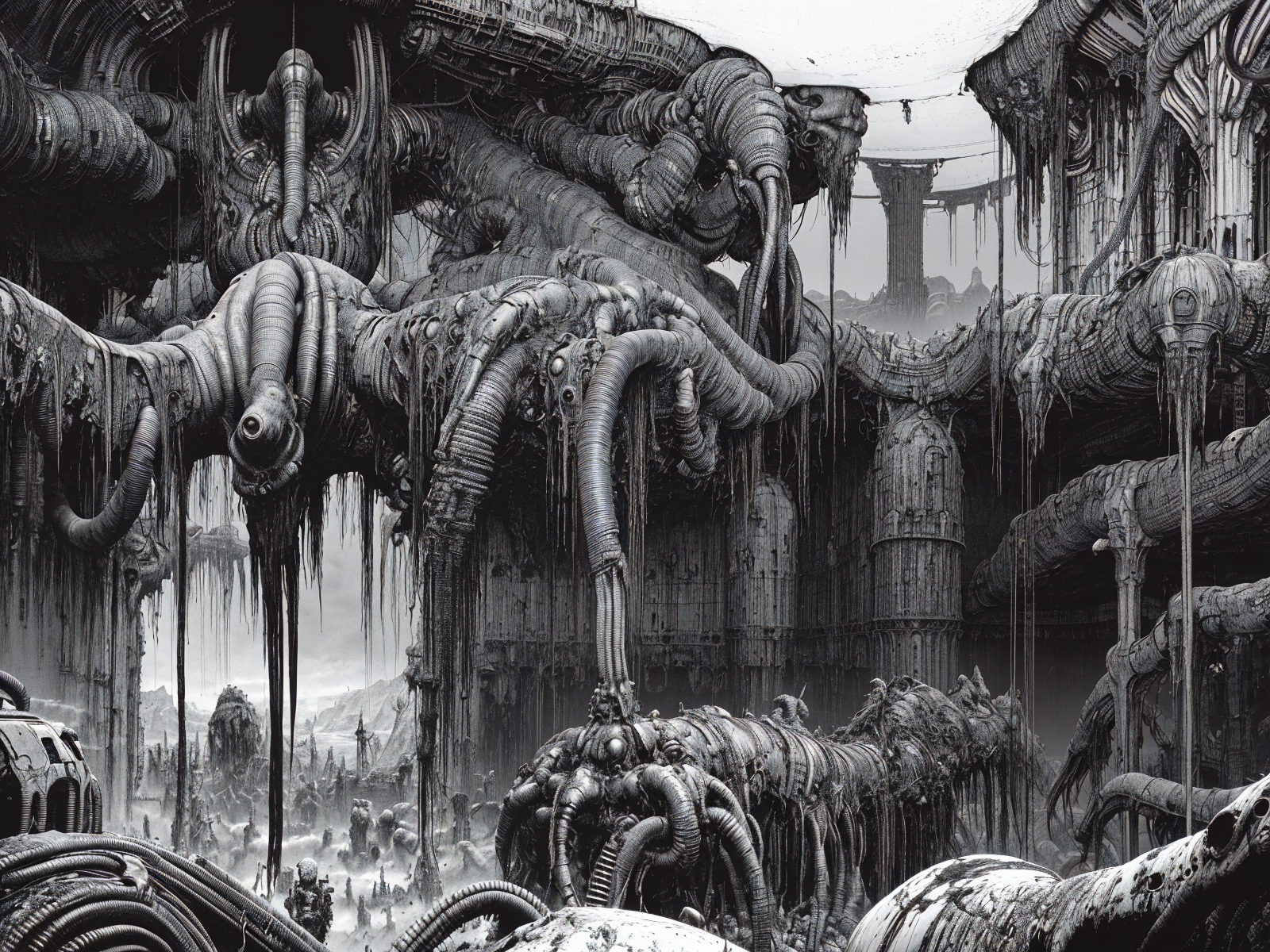 <lora:Blame!:1> vast, gigantic, decrepit scenery, covered in large tubes and cables, buried under cables, dim light, heavy black and white, giant-gross-organic, monsters-creatures,  OrganicBiomArt
