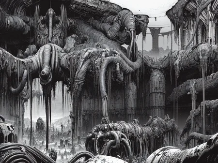 <lora:Blame!:1> vast, gigantic, decrepit scenery, covered in large tubes and cables, buried under cables, dim light, heavy black and white, giant-gross-organic, monsters-creatures, OrganicBiomArt