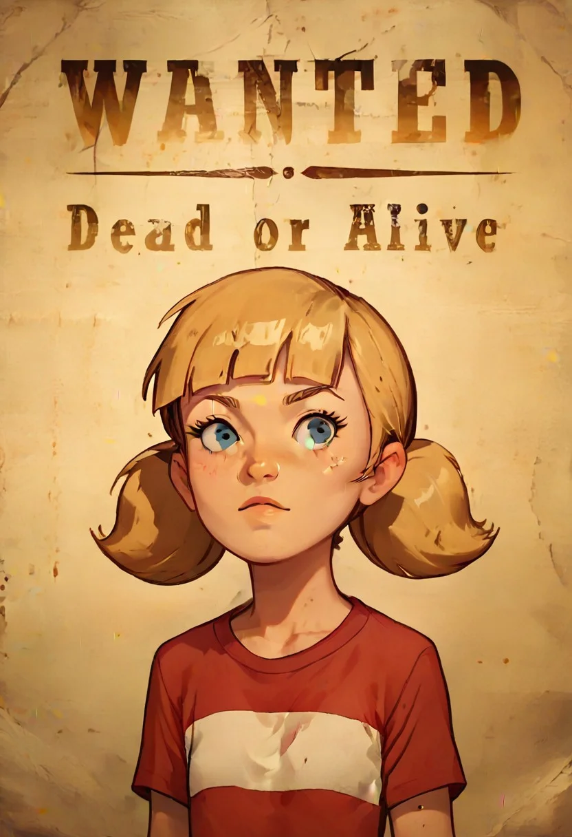 score_8, score_8_up, score_7_up, score_6_up, BREAK, 1girl, solo, female focus, wantedposter of penny_ig, blonde hair, twintails, blue eyes, red shirt, stripe, flat chest,