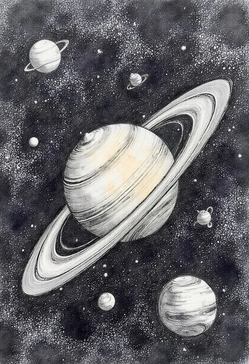 an illustration of a solar system made from Charcoal dust