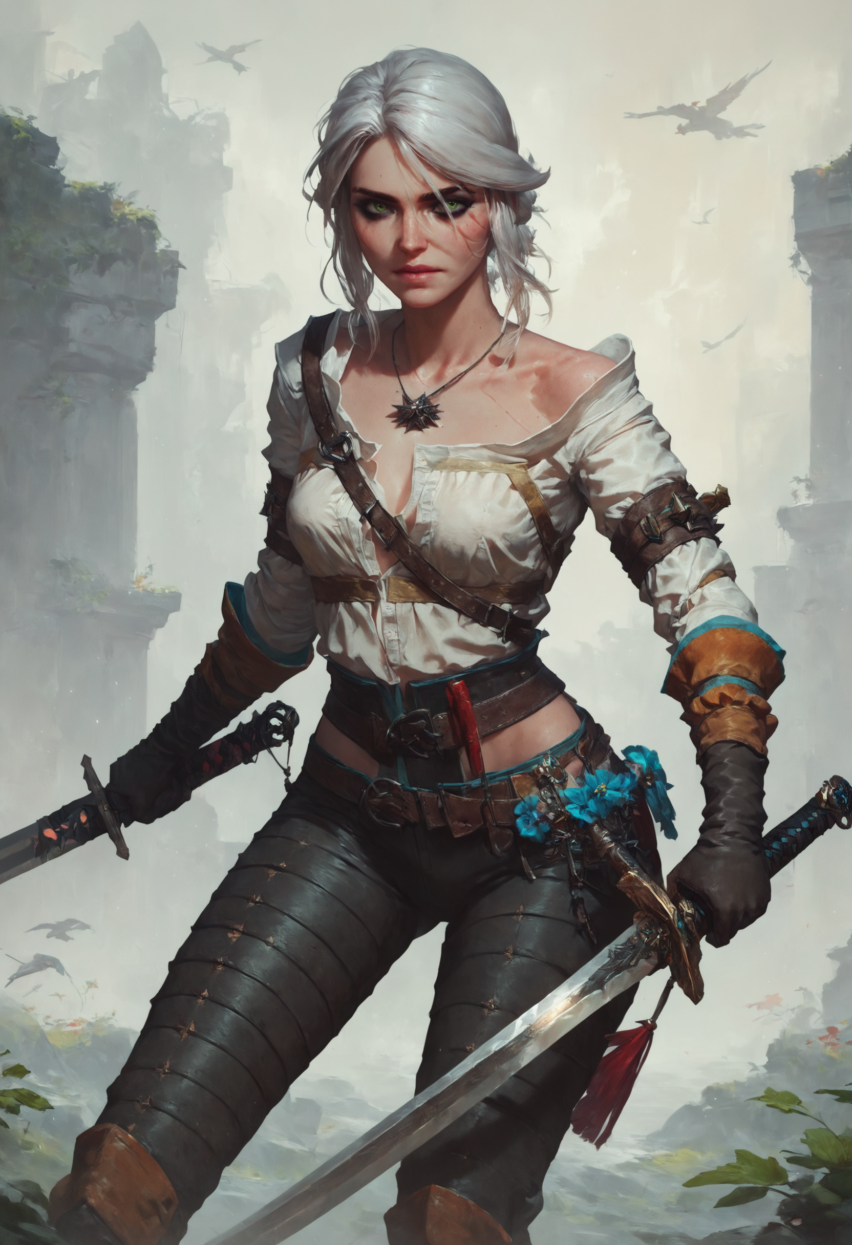 score_9, score_8_up, score_7_up, 1girl, ciri_w3, sword, bright green eyes, holding sword, <lora:Concept Art Style SDXL_LoRA_Pony Diffusion V6 XL:0.8>, concept art, <lora:witcher3_ciri_yen_triss_pony:0.5>