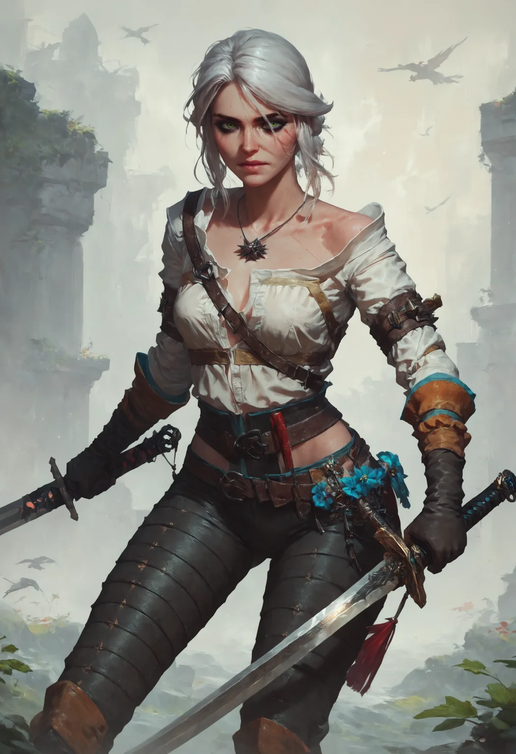 score_9, score_8_up, score_7_up, 1girl, ciri_w3, sword, bright green eyes, holding sword, <lora:Concept Art Style SDXL_LoRA_Pony Diffusion V6 XL:0.8>, concept art, <lora:witcher3_ciri_yen_triss_pony:0.5>