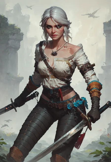 score_9, score_8_up, score_7_up, 1girl, ciri_w3, sword, bright green eyes, holding sword, <lora:Concept Art Style SDXL_LoRA_Pony Diffusion V6 XL:0.8>, concept art, <lora:witcher3_ciri_yen_triss_pony:0.5>