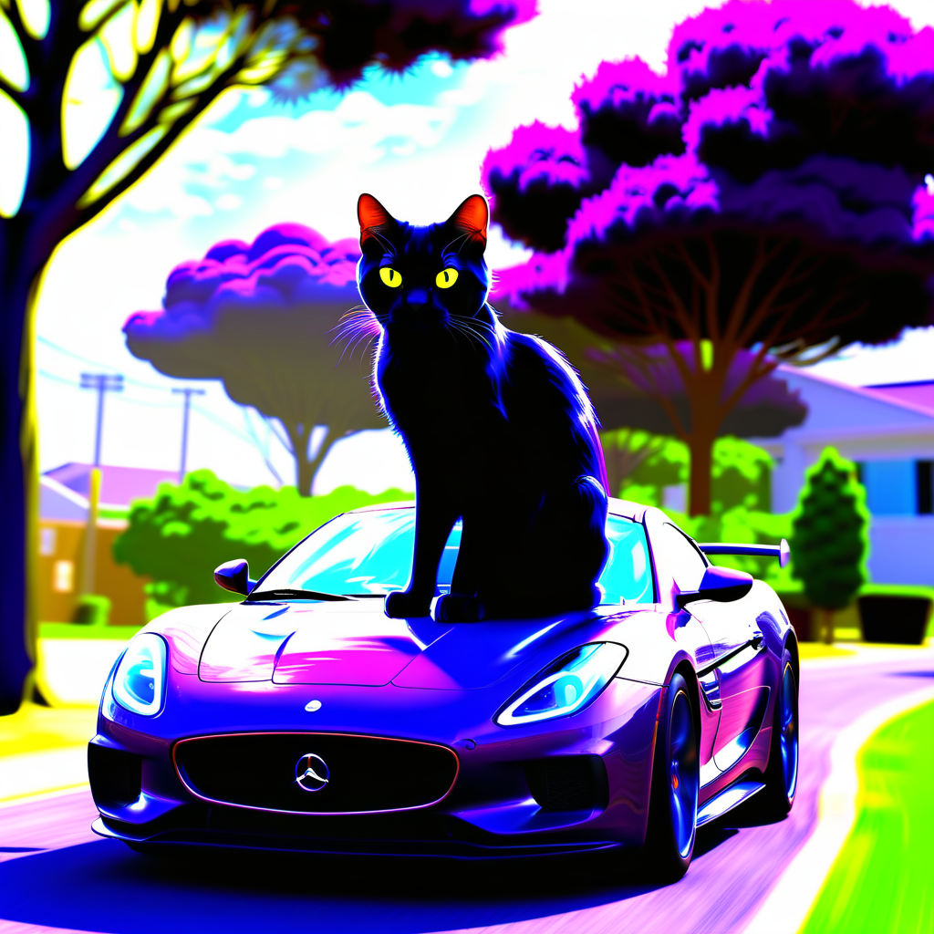 black cat, tree, cloud, purple hair, shirt, sports car, toilet, cat, vehicle focus