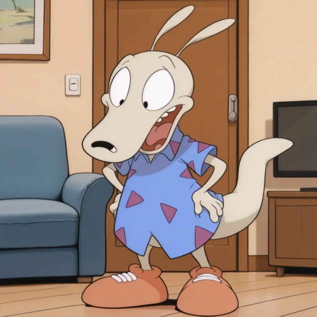 masterpiece, best quality, amazing quality, r0ckor4ma, male, furry male, anthro, solo, beige fur, black eyes, black nose, short ears, teeth, tail, short, blue shirt, short sleeves, pattern shirt, orange shoes, standing, happy, open mouth, hands on hips, indoors, living room