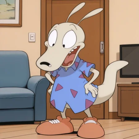 masterpiece, best quality, amazing quality, r0ckor4ma, male, furry male, anthro, solo, beige fur, black eyes, black nose, short ears, teeth, tail, short, blue shirt, short sleeves, pattern shirt, orange shoes, standing, happy, open mouth, hands on hips, indoors, living room