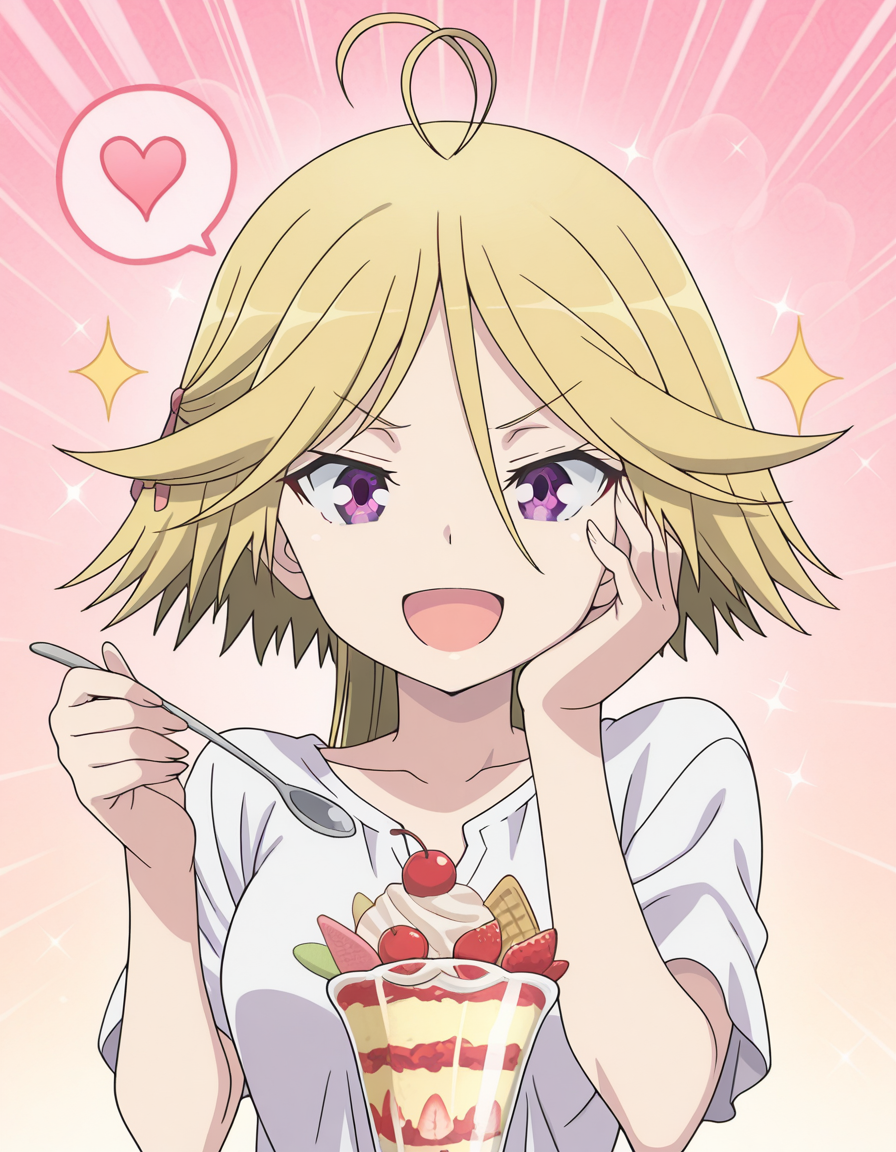 masterpiece, best quality, amazing quality,, <lora:mira-yamana-s1-illustriousxl-lora-nochekaiser:1>, mira yamana, short hair, blonde hair, purple eyes, ahoge, antenna hair, mature female, small breasts, anime screencap, <lora:parfait-illustriousxl-lora-nochekaiser:1>, parfait, open mouth, heart, food, sparkle, fruit, happy, hand on own face, spoken heart, ice cream, strawberry, spoon, hand on own cheek, cherry, holding spoon, , ,